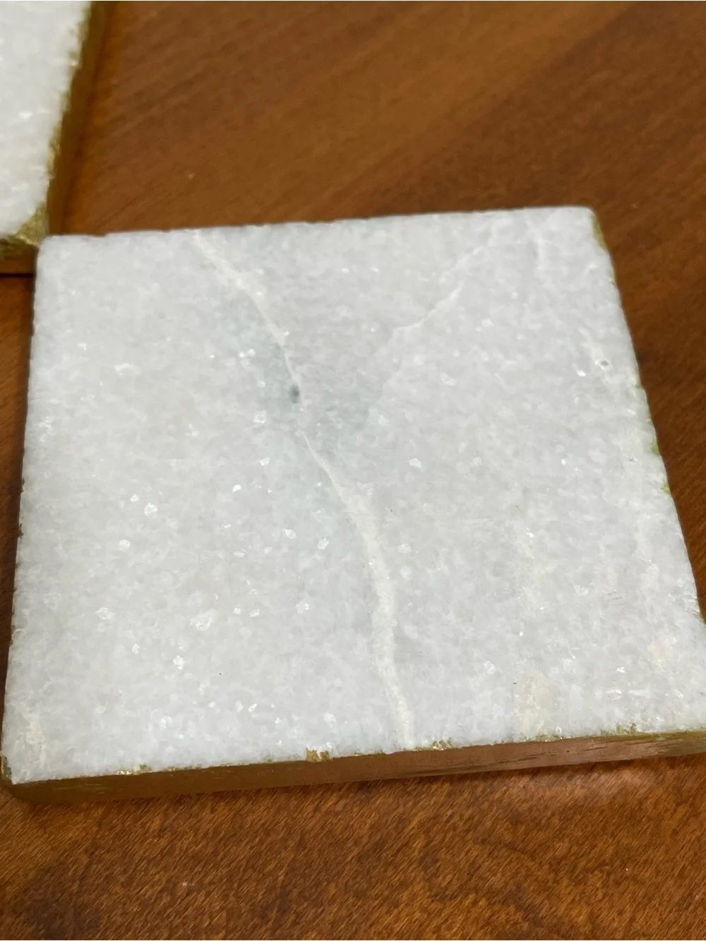 White Natural Stone Marble Sparkle Shimmery Square Coasters Gold Edges 4x4 4 Set